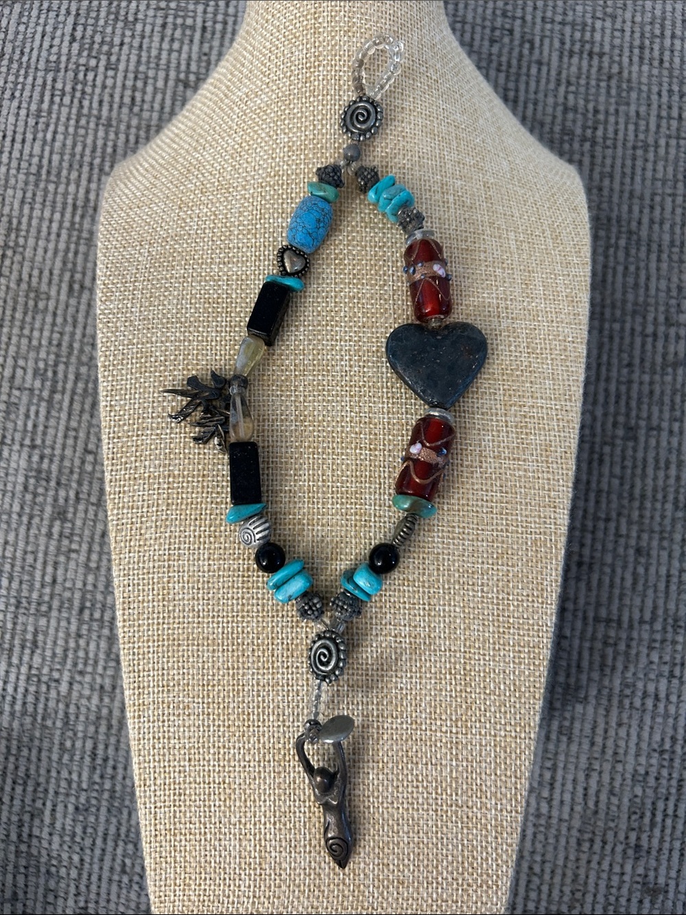 wisdom symbols beaded purse charm accessory mixed materials glass metal stone